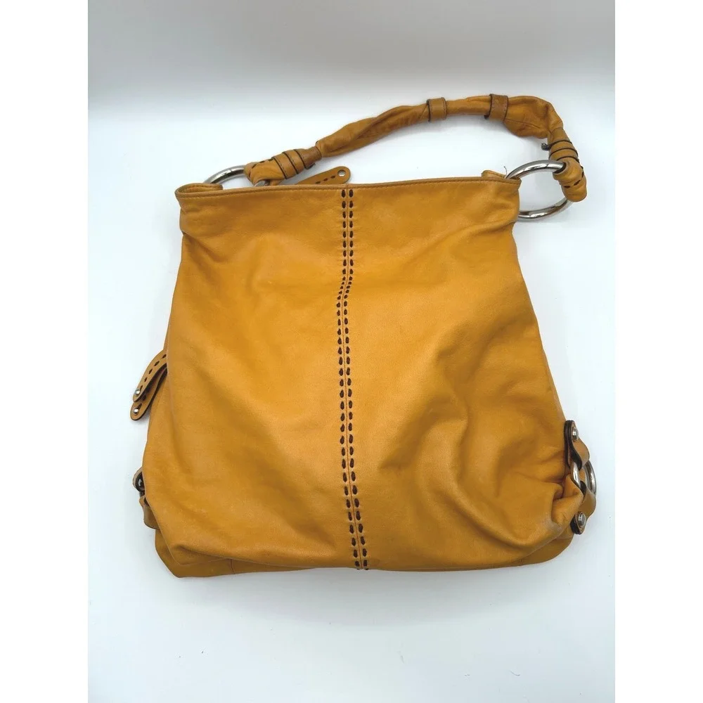 B. Makowsky Hobo Bag Women Large Mustard Yellow Leather Whipstitch Ring Handle